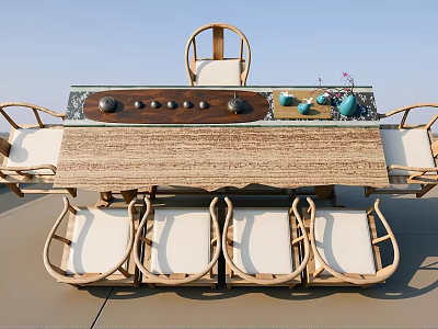 Modern Wooden Tea Table and Chairs with Upholstered Seats and Decorative Items 3d model