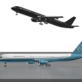 Black Passenger Airplane Flying in Sky and Light Blue Airliner Parked on Ground