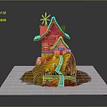 Cartoon Scene With Red Roof House Windmill Small Hill And Staircase