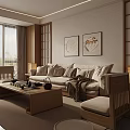 Modern Living Room Interior With Beige Sofa Wooden Partitions Circular Paintings And Coffee Table