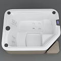 Square Shaped Bathtub With White Interior Wooden Exterior Massage Jets And Wooden Step