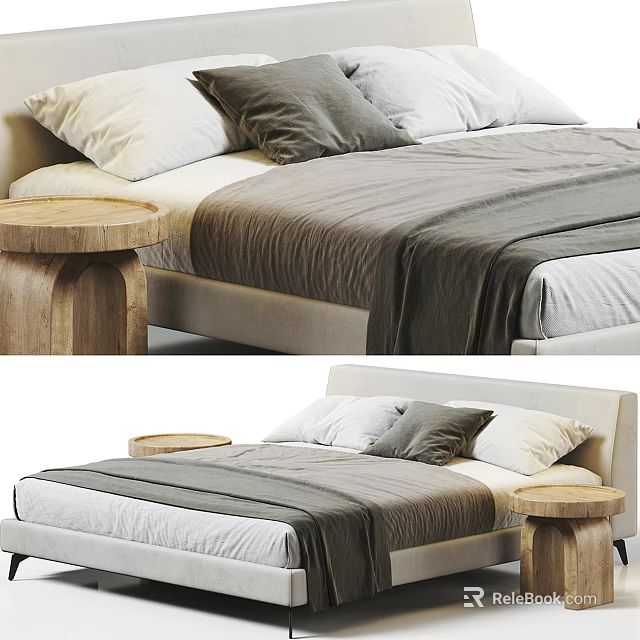 Modern Double Bed With Gray Blanket White Pillows And Wooden Side Tables 3d model 