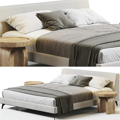 Modern Double Bed With Gray Blanket White Pillows And Wooden Side Tables 3d model