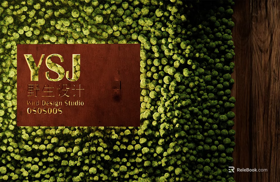 Lush Green Plant Feature Wall With Red Background Logo And Wild Design Studio Elements 3d model 