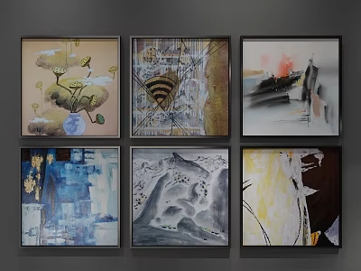 Six Framed Abstract Paintings On Gray Wall With Diverse Styles And Colors 3d model