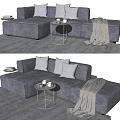 Gray Sectional Sofa With Plush Pillows Round Side Table Coffee Cups And Soft Blanket 3d model