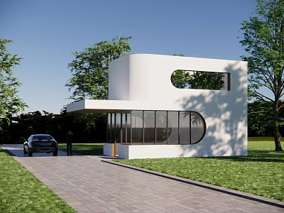 Modern Entry Gate Design With Glass Panels In White House Lush Lawn And Brick Driveway 3d model