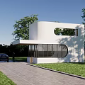 Modern Entry Gate Design With Glass Panels In White House Lush Lawn And Brick Driveway
