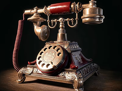 Vintage Metal Telephone With Red Accents Rotary Dial And Ornate Base Design 3d model