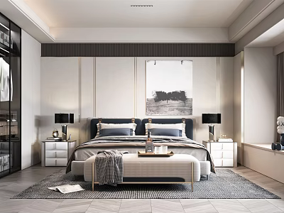 Modern Bedroom Interior Design With Bed Pillows Nightstands Table Lamps Wall Painting Bench And Rug 3d model