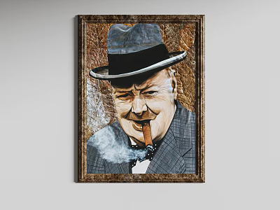 Portrait Painting Of Man With Hat Cigar Smoke In Vintage Frame 3d model