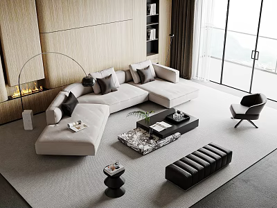 Modern Living Room Sofa Coffee Table Set With Wooden Wall Fireplace Floor to Ceiling Windows 3d model