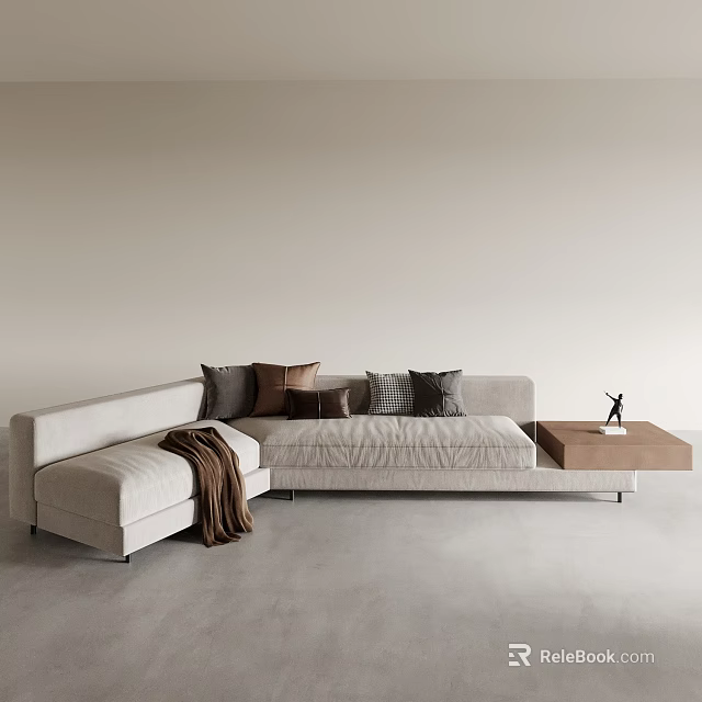 Asymmetrical Sofa in Beige Fabric with Mixed Cushions and Side Table in Modern Living Room 3d model 