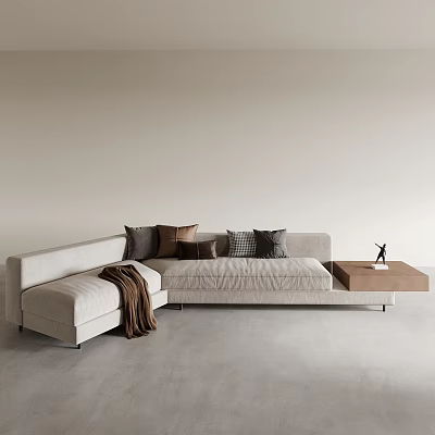 Asymmetrical Sofa in Beige Fabric with Mixed Cushions and Side Table in Modern Living Room 3d model