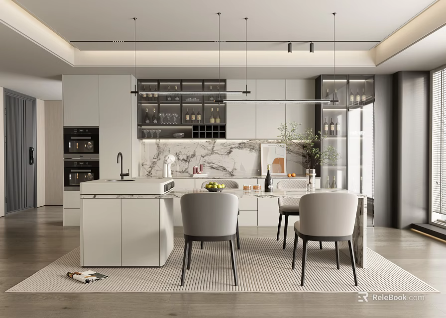 Elegant Modern Restaurant Interior Design With Open Layout Marble Countertop Pendant Lights And Chairs 3d model 