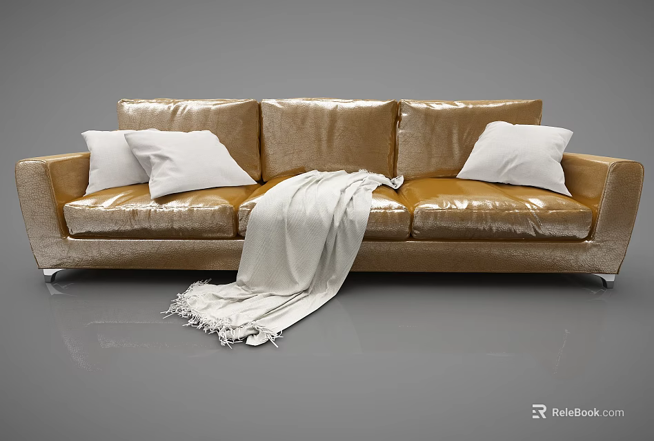 Golden Velvet Three Seater Sofa with White Pillows and White Throw Blanket 3d model 