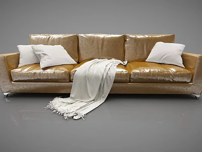 Golden Velvet Three Seater Sofa with White Pillows and White Throw Blanket 3d model