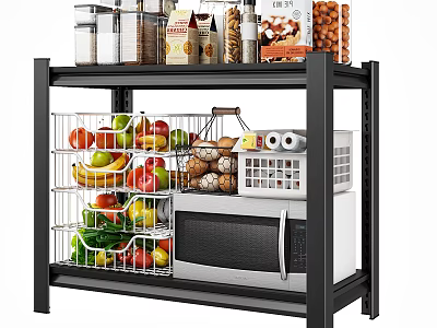Vegetables and Fruits in Wire Baskets on Black Metal Kitchen Shelf with Microwave and Jars 3d model