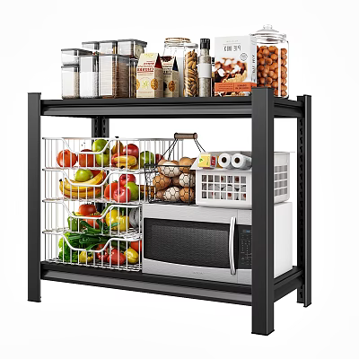 Vegetables and Fruits in Wire Baskets on Black Metal Kitchen Shelf with Microwave and Jars 3d model