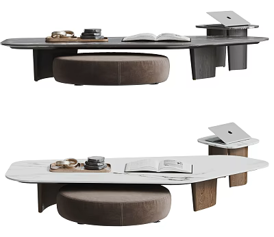 Modern Minimalist Coffee Table Design With White Tabletop Wooden Legs And Brown Ottoman 3d model