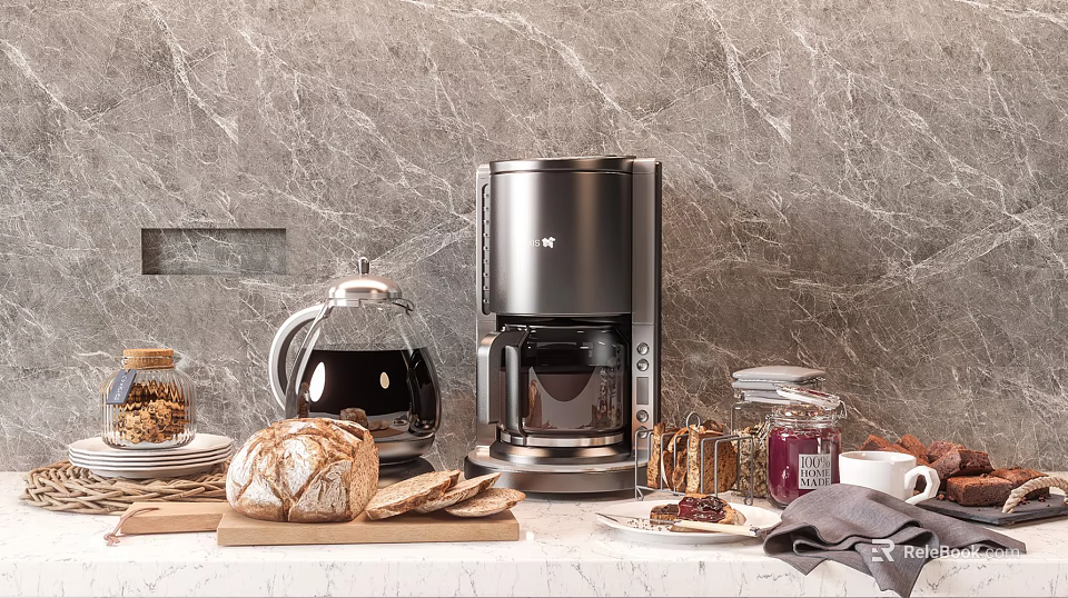 Breakfast Arrangement With Coffee Maker Bread Slices Jam Jars And Coffee Cup On Kitchen Counter 3d model 