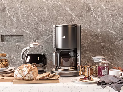 Breakfast Arrangement With Coffee Maker Bread Slices Jam Jars And Coffee Cup On Kitchen Counter 3d model