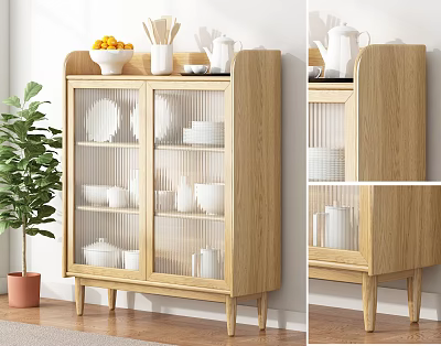 Modern Minimalist Light Wood Sideboard With Glass Doors White Dinnerware Fruit Bowl And Green Plant 3d model