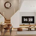 Modern Spacious Apartment Interior With Staircase Living Room TV Coffee Table Decorative Clock And Plants