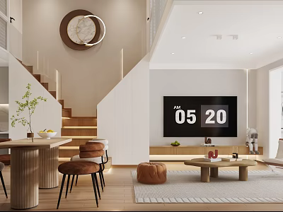 Modern Spacious Apartment Interior With Staircase Living Room TV Coffee Table Decorative Clock And Plants 3d model