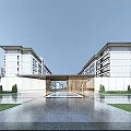 Modern Residential Entrance Gate With Water Feature And Buildings