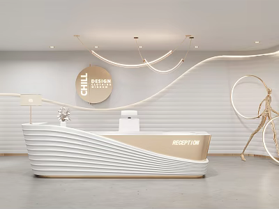 Modern Reception Desk With Wavy Design Circular Sign And Golden Bicycle Decoration 3d model