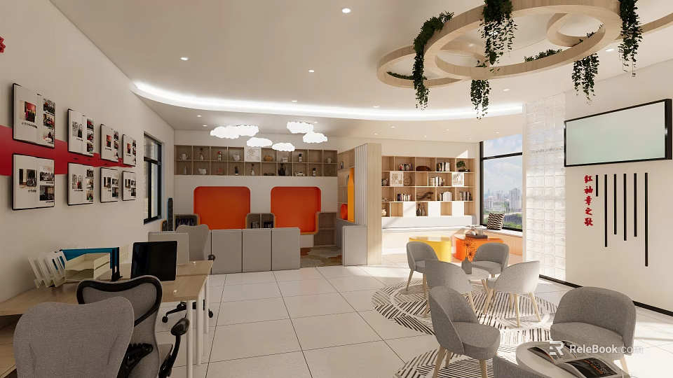 Modern Public Office Space Interior With Open Layout Hanging Green Plants Bookshelves And Orange Accents 3d model 