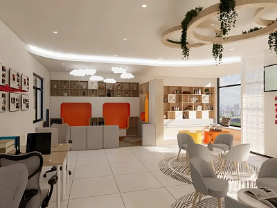 Modern Public Office Space Interior With Open Layout Hanging Green Plants Bookshelves And Orange Accents 3d model