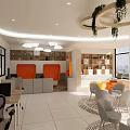 Modern Public Office Space Interior With Open Layout Hanging Green Plants Bookshelves And Orange Accents