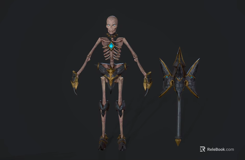 Detailed Skeleton Game Movie Character With Blue Gemstone Chest And Gold Black Gear Weapon 3d model 