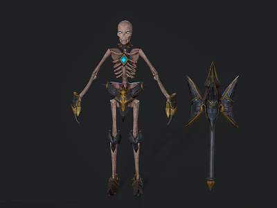 Detailed Skeleton Game Movie Character With Blue Gemstone Chest And Gold Black Gear Weapon 3d model