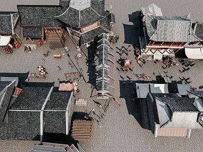 Traditional Hinged Doors in Ancient Architectural Complex with Street and People Activities 3d model