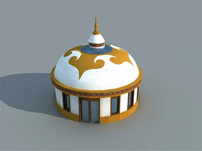 Traditional Yurt with White Dome Golden Cloud Patterns Wooden Doors and Windows 3d model
