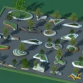 Creative Tree Planters Layout in Modern Landscape Design with Various Shapes and Green Trees 3d model