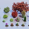 Diverse Outdoor Plant Combination with Red Leaf Trees Green Shrubs and Small Flowering Plants