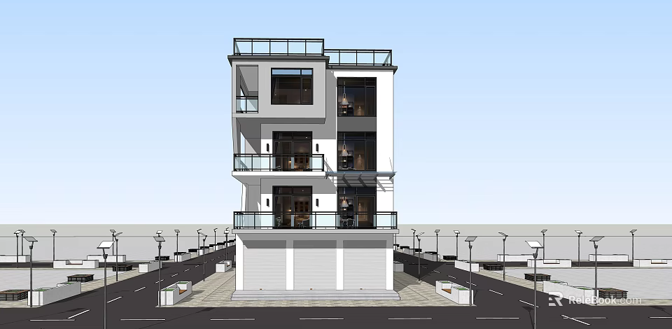 Modern Three Story Detached Villa With Glass Windows And Balconies Exterior 3d model 