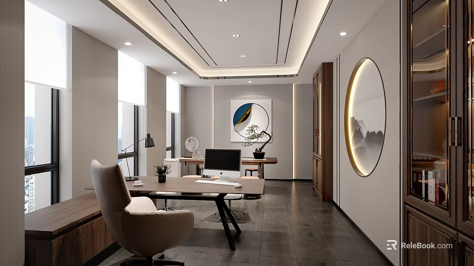 Modern Office Interior Design With Executive Desk Ergonomic Chair Decorative Art And Ambient Lighting 3d model 