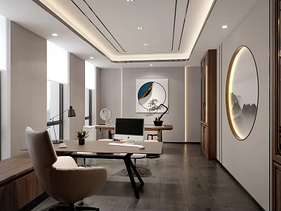 Modern Office Interior Design With Executive Desk Ergonomic Chair Decorative Art And Ambient Lighting 3d model