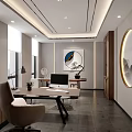 Modern Office Interior Design With Executive Desk Ergonomic Chair Decorative Art And Ambient Lighting