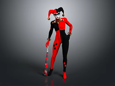 Detailed Clown Costume With Red And Black Bodysuit Jester Hat And Decorated Staff 3d model