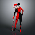 Detailed Clown Costume With Red And Black Bodysuit Jester Hat And Decorated Staff