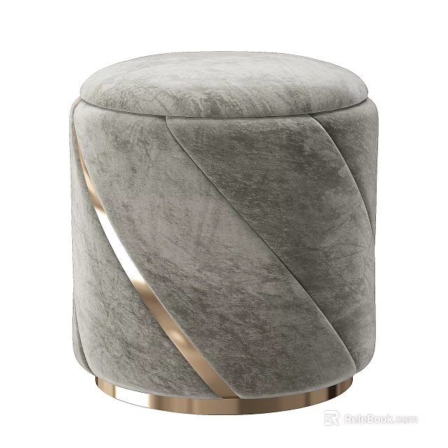 Gray Velvet Stool With Modern Design And Gold Accents On Legs 3d model 
