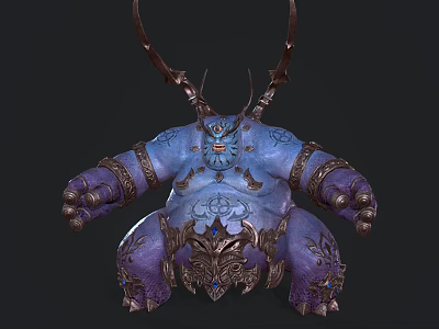Mythical Fantasy Creature Featuring Blue Purple Body Large Antlers Intricate Tattoos And Decorative Metal Parts 3d model