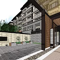 Modern Chinese Courtyard Architecture With Wooden Lattice Walls Green Plants And Terrace