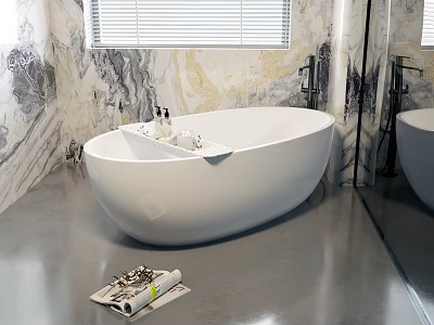 White Free standing Bathtub in Modern Bathroom with Marble Walls Mirror Window and Magazine 3d model
